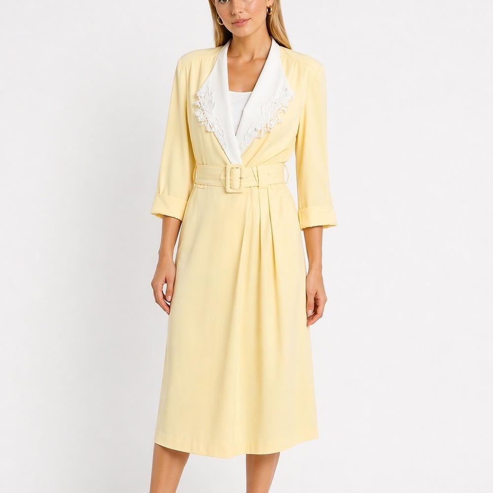 Vintage Studio 1 80s Belted Blazer Lace Sunday Dress Yellow Career Chic 14
